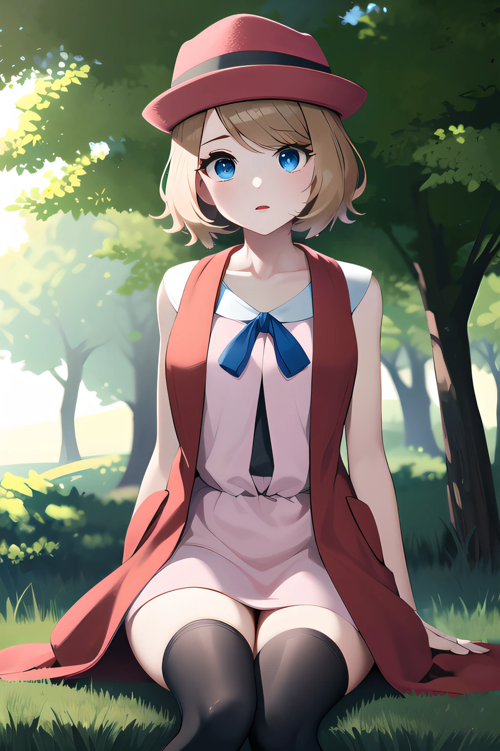masterpiece, best quality, highres, serena \(pokemon\), short hair, blue eyes, 1girl, solo, blue ribbon, eyelashes, black thighhighs, neck ribbon, sleeveless, bangs, collarbone, bare arms, pink dress, red coat, pink headwear, outdoors, sitting, looking at viewer,