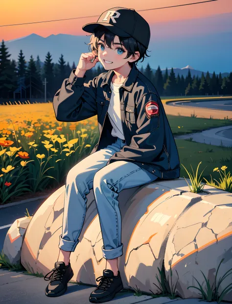 A happy little boy，black color hair，Wear a denim jacket，With a baseball cap，Wear sneakers，blue color eyes，Sitting on a stone on ...