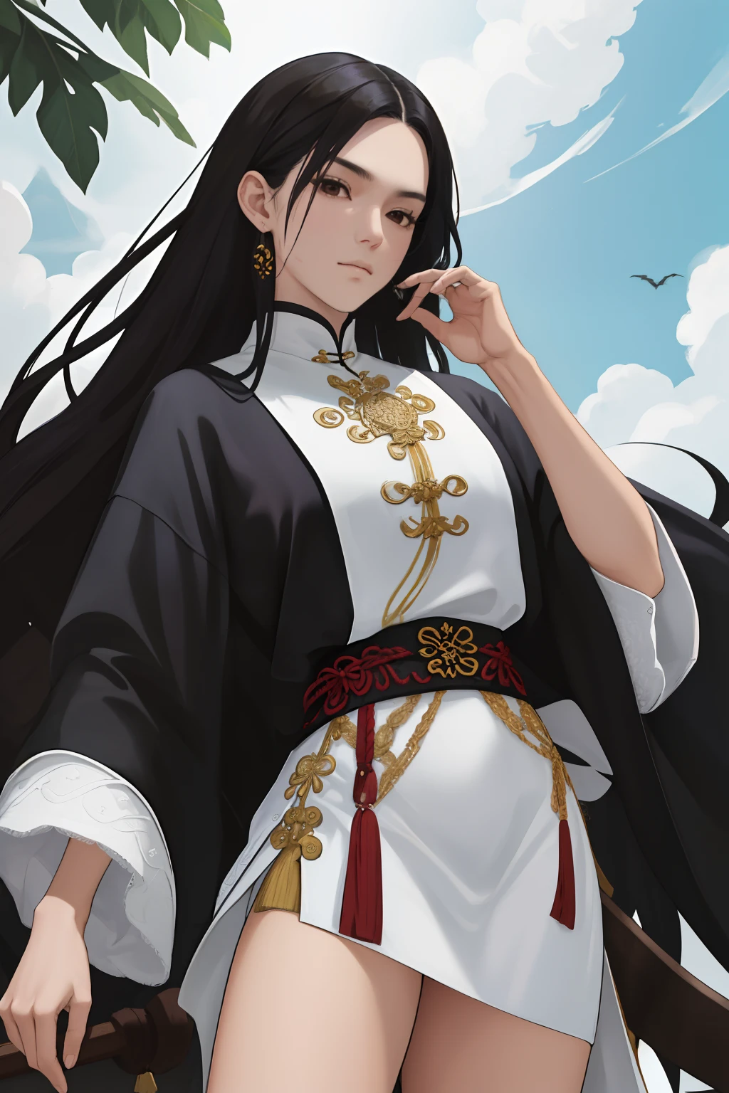 A woman in a white and black outfit holding a sword - SeaArt AI