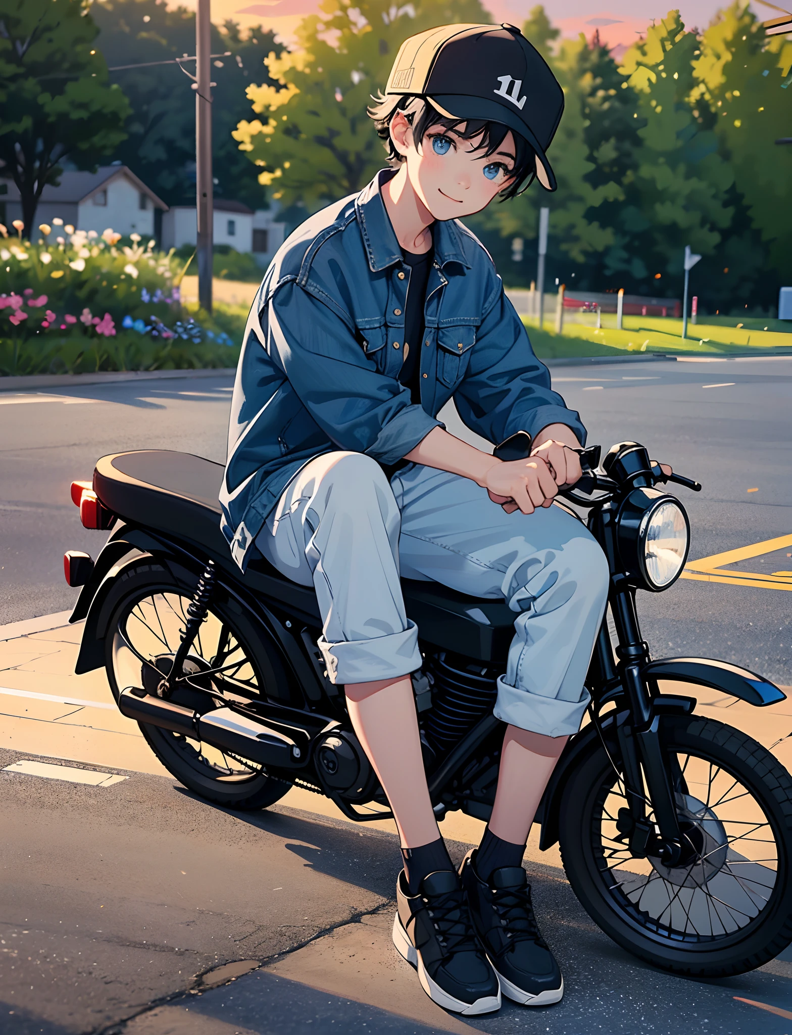 A happy little boy，black color hair，Wear a denim jacket，With a baseball cap，Wear sneakers，blue color eyes，Sitting on a stone on a country road，There are flowers and plants by the road，Sunset and sunset，staring right into camera，Full body photo，Ultra-high definition