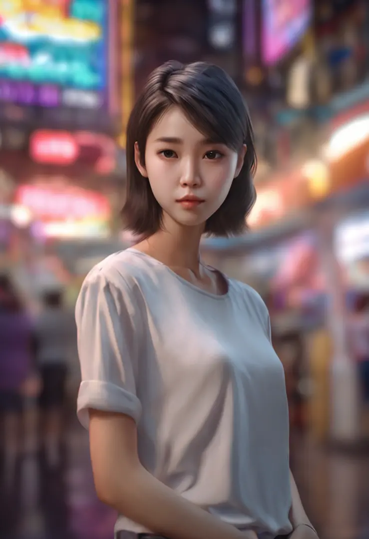 arafed woman with a plain white shirt, half body shot, in a mall, a photorealistic painting inspired by Yanjun Cheng, trending on cg society, realism, soft portrait shot 8 k, girl cute-fine-face, with short hair, portrait cute-fine-face, kawaii realistic p...