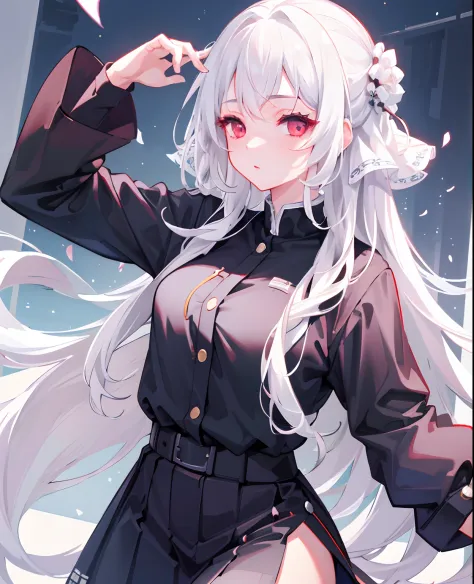 dreamy, (masterpiece), best quality, 1girl, white hair, amazing, beautiful detailed eyes, red eyes, fine details, depth of field, extremely detailed CG, school clothes