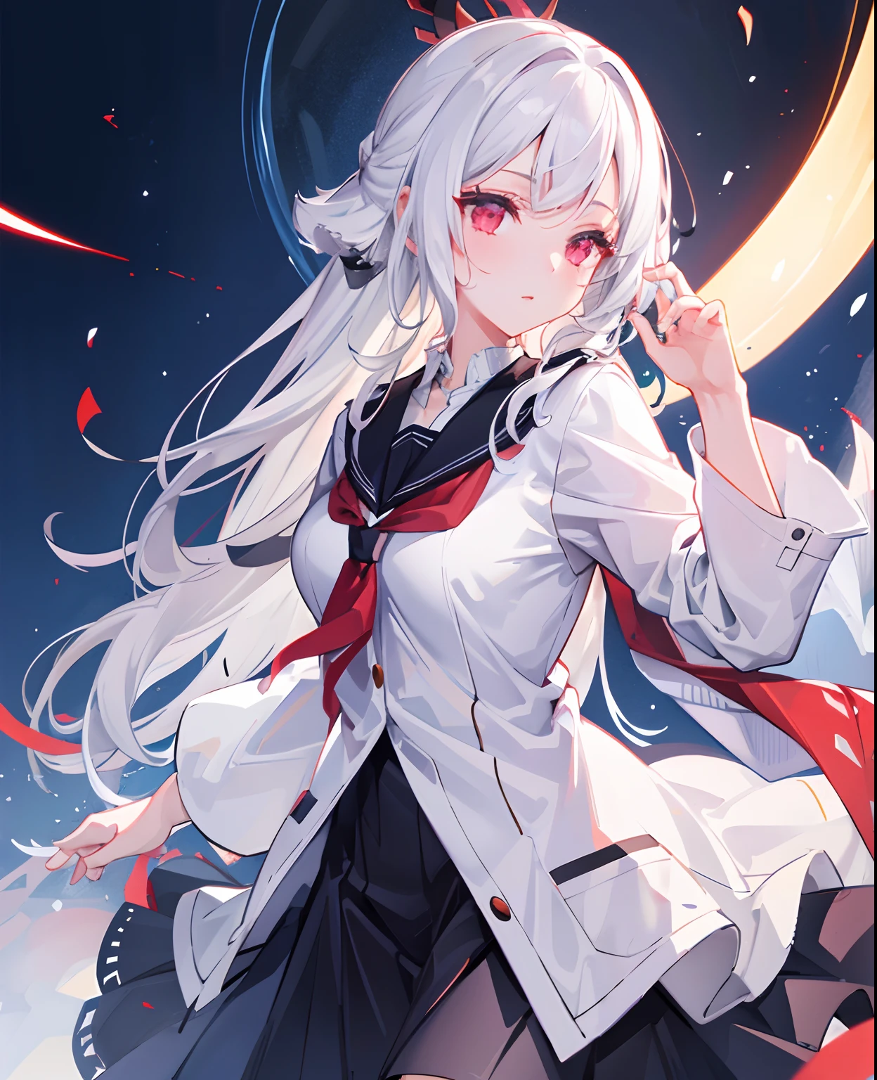 dreamy, (masterpiece), best quality, 1girl, white hair, amazing, beautiful detailed eyes, red eyes, fine details, depth of field, extremely detailed CG, school clothes