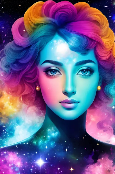 retrato abstrato , bust of a beautiful universal girl looking at you, com as cores do universo ,with outer space in your body , ...