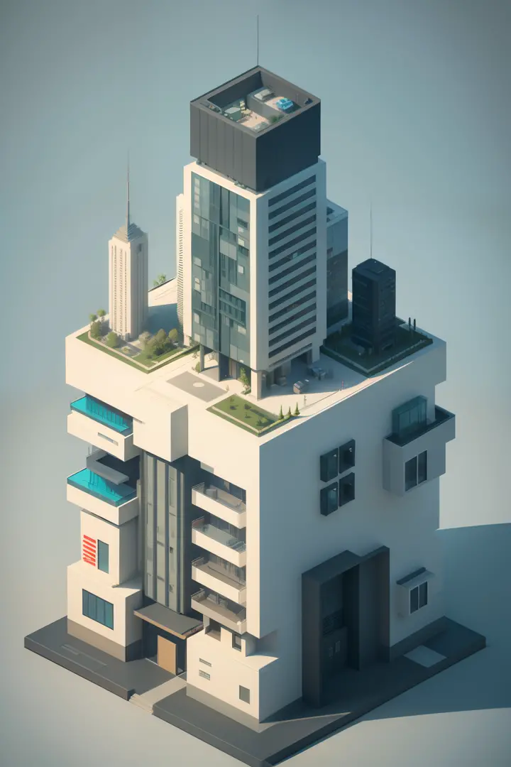 isometric style futuristic apartment complex block