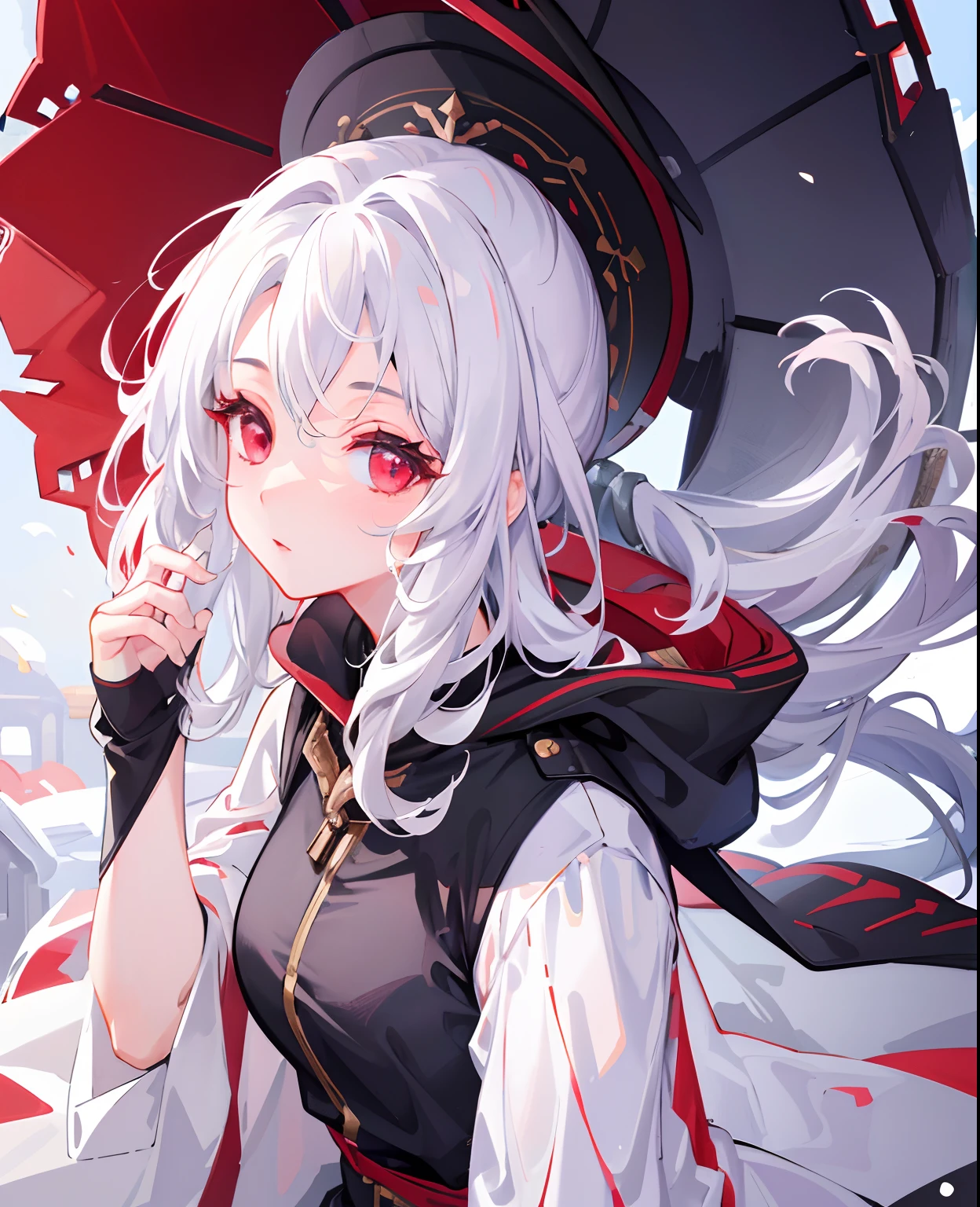 dreamy, (masterpiece), best quality, 1girl, white hair, amazing, beautiful detailed eyes, red eyes, fine details, depth of field, extremely detailed CG, winter clothes