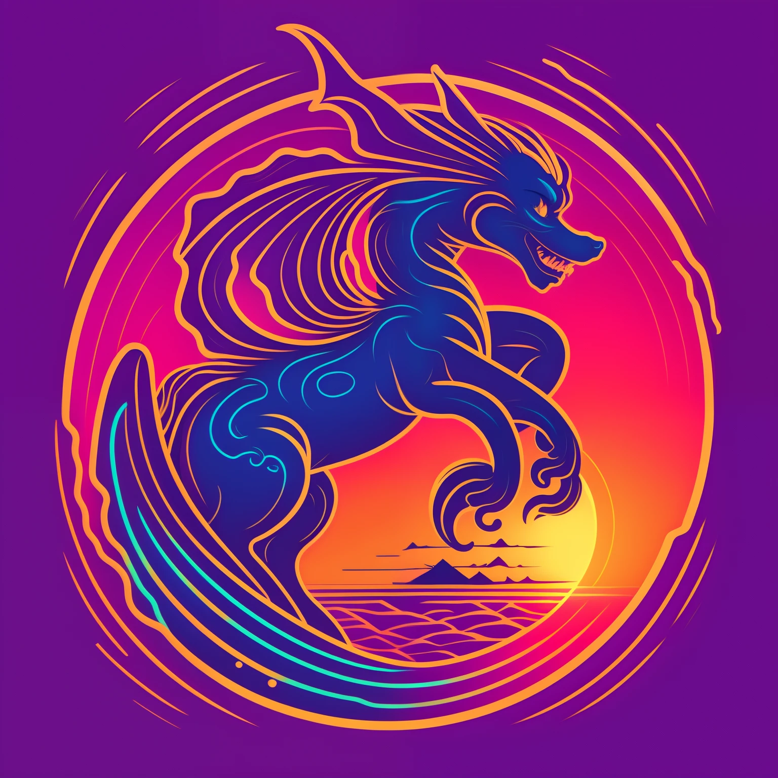 Erholungsort, inn, Sonnenuntergang, Vaporwave-Stil, Neon-Stil, glatte Linien, Logo, das an einen Drachen erinnert