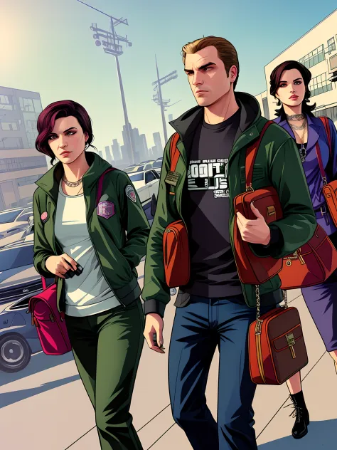 GTA 6 design, a women and men ((gangsters)) leaving the bank they just robed with  bags full of money, duffle bags , guns, full color illustration realistic, award-winning illustration in color, (complicated detail), (fine detail)
