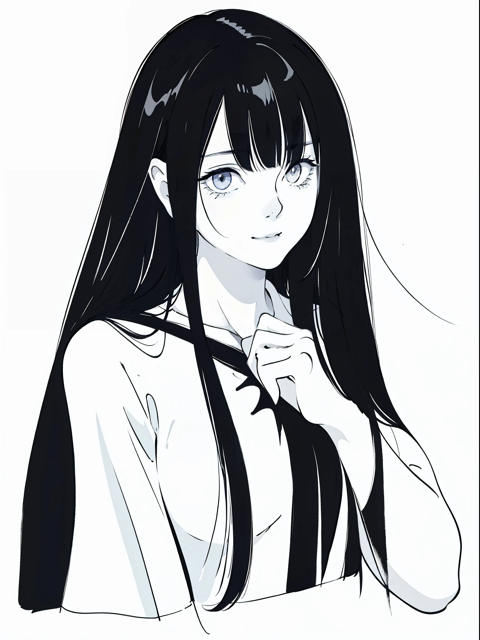 Chica anime con cabello largo y negro y una camisa blanca.,((retrato en blanco y negro)),imagen en blanco y negro,sonrisa,pintura minimalista,trazos simples,pelo despeinado,Messy bangs,tímido,camisa blanca pura,maquillaje pesado,disparo a la cabeza,Ponerse lápiz labial en la boca.,Cuerpo lateral