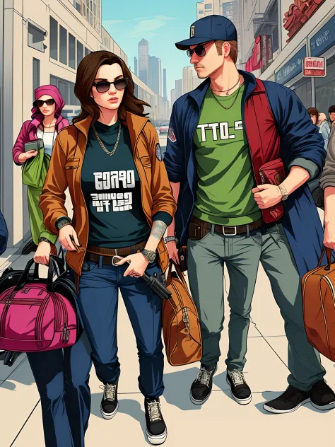 GTA 6 design, a women and men ((gangsters)) leaving the bank they just robed with  bags full of money, duffle bags , guns, full color illustration realistic, award-winning illustration in color, (complicated detail), (fine detail)