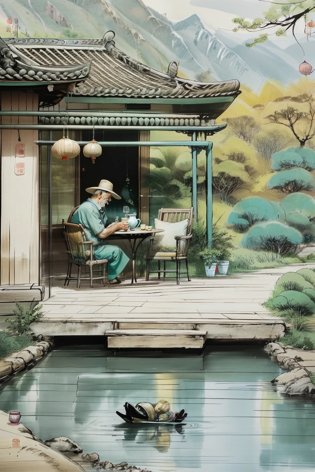 Old man drinking tea，The cat sleeps at its feet，Kind old man alone，ssmile，Handshake fan，laying on the chair，There is a teapot on the table，Laid back，夏天，solid color backdrop，，Rustic character，Chinese style buildings，Chinese teacup，Tanuki cat