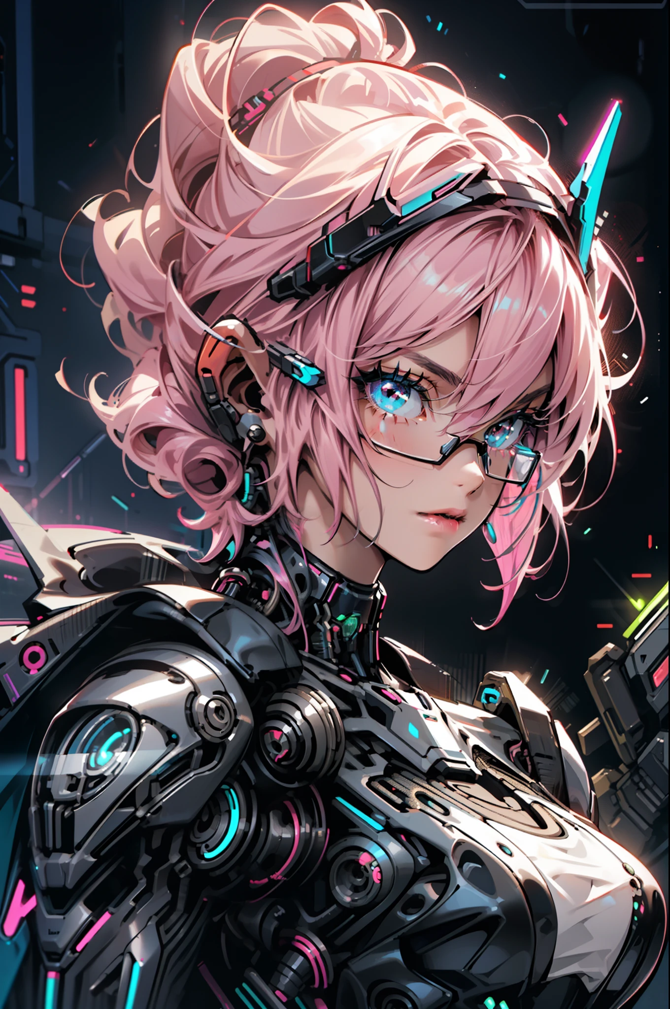 1 garota, fechar-se, detalhes intrincados, (Ciberpunk:1.4), braços mecânicos, copos, Cabelo bagunçado, (armadura de néon brilhante:1.2), máquinas, fundo preto, seios grandes, cabelo rosa, garota curvilínea, mas em forma, uma arma na mão, robôs, drones, carros