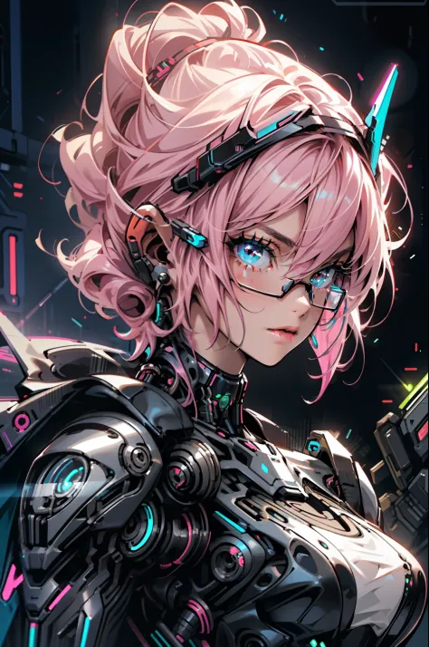 1girl, close-up, intricate details, (cyberpunk:1.4), mechanical arms, glasses, messy hair, (shiny neon armor:1.2), machines, bla...