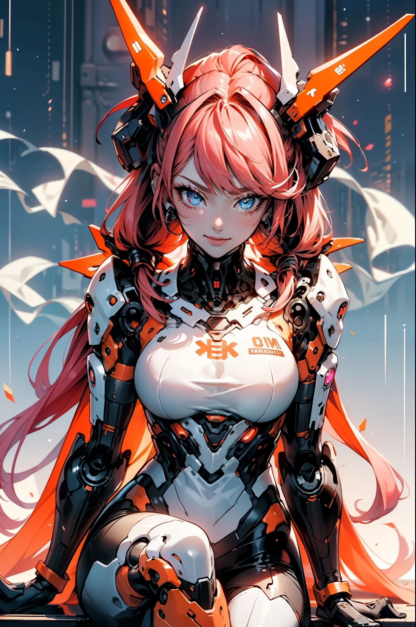 (original) , (very detailed wallpaper) , very detailed illustrations, (1 Girl) , beautiful eyes, (delicate face) , perfect detail,(long hair:1.3),(sitting:1.4), (twintails:1.2), red eyes, pink hair, smile ,pink lips, bright blue eyes, closed mouth, 
((mechanical parts)), mechanical spine, mechanization, future, wide hips, laboratory, ((mecha)), stylish energy \(module\), repairing, (giantess1.4), The surrounding scene looks small，The main character gets bigger,( and the surrounding scenes get smaller to make the main character bigger1.)，（The scene gets smaller1.2）, outdoors, cyberpunk, city lights, night sky, neon lamp, Light Enhancement ,orange theme
 (best lighting) , (super complex detail) , 4K Unity, (super detailed CG: 1.2) , (8K: 1.2) ,
,  (bondage,:1.4) ,