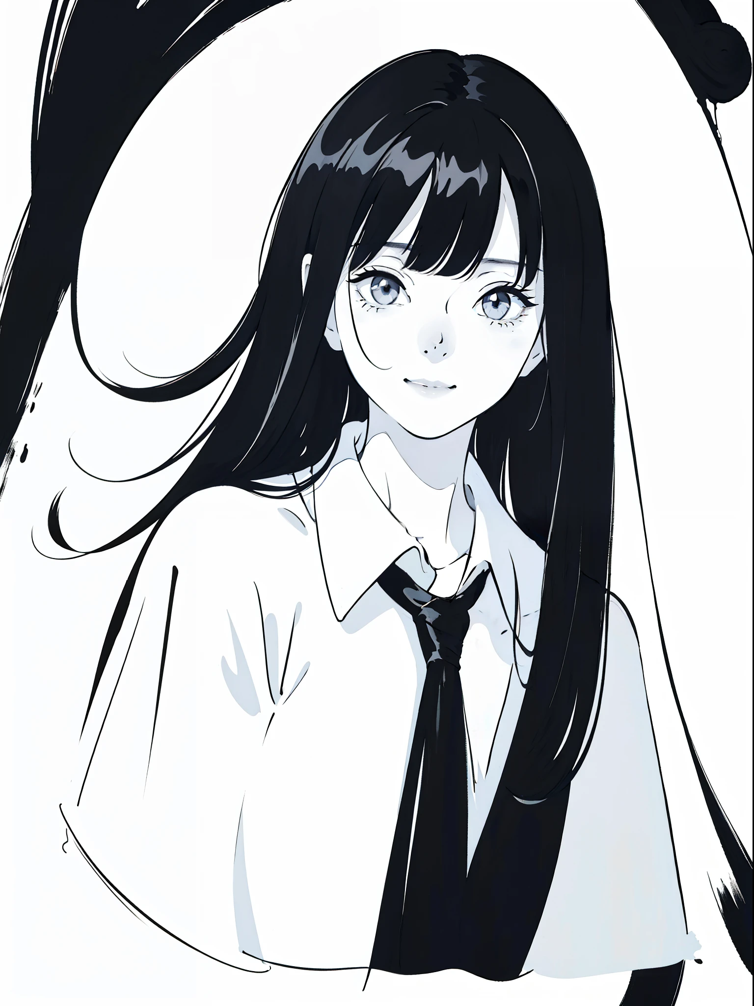 Anime Girl avec de longs cheveux noirs et une chemise blanche,((portrait noir et blanc)),Photo en noir et blanc,sourire,Peinture minimaliste,Traits simples,les cheveux en désordre,Timide,Chemise blanc pur,maquillage épais,photo du visage,Mettre du rouge à lèvres sur la bouche,Corps latéral