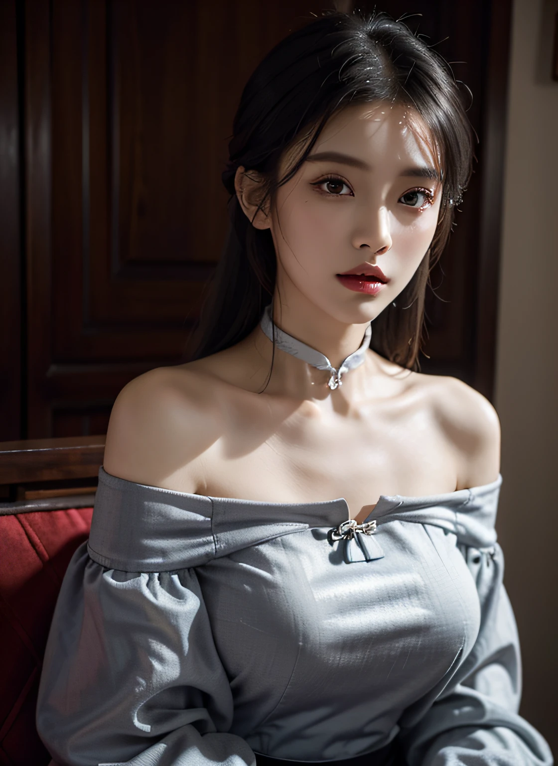 best quality, masterpiece, ultra high res, (photorealistic:1.4), 1girl, off-shoulder shirt, ((traditional chinese dress:1)), black choker, (faded ash gray hair:1), (huge breasts:1.2), looking at viewer, closeup,