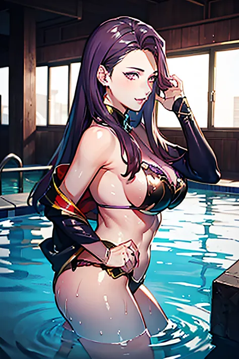 sonya, ((Best quality, 8k, Masterpiece :1.3)), Innocent and Cute girl, 1girl, (large breasts :1.4), slender figure :1.1, firm abs, happy smile, (purple hair),  (inside the stylish night pool:1.2), (wet body, micro bikini :1.1), ultra-detailed face, detaile...
