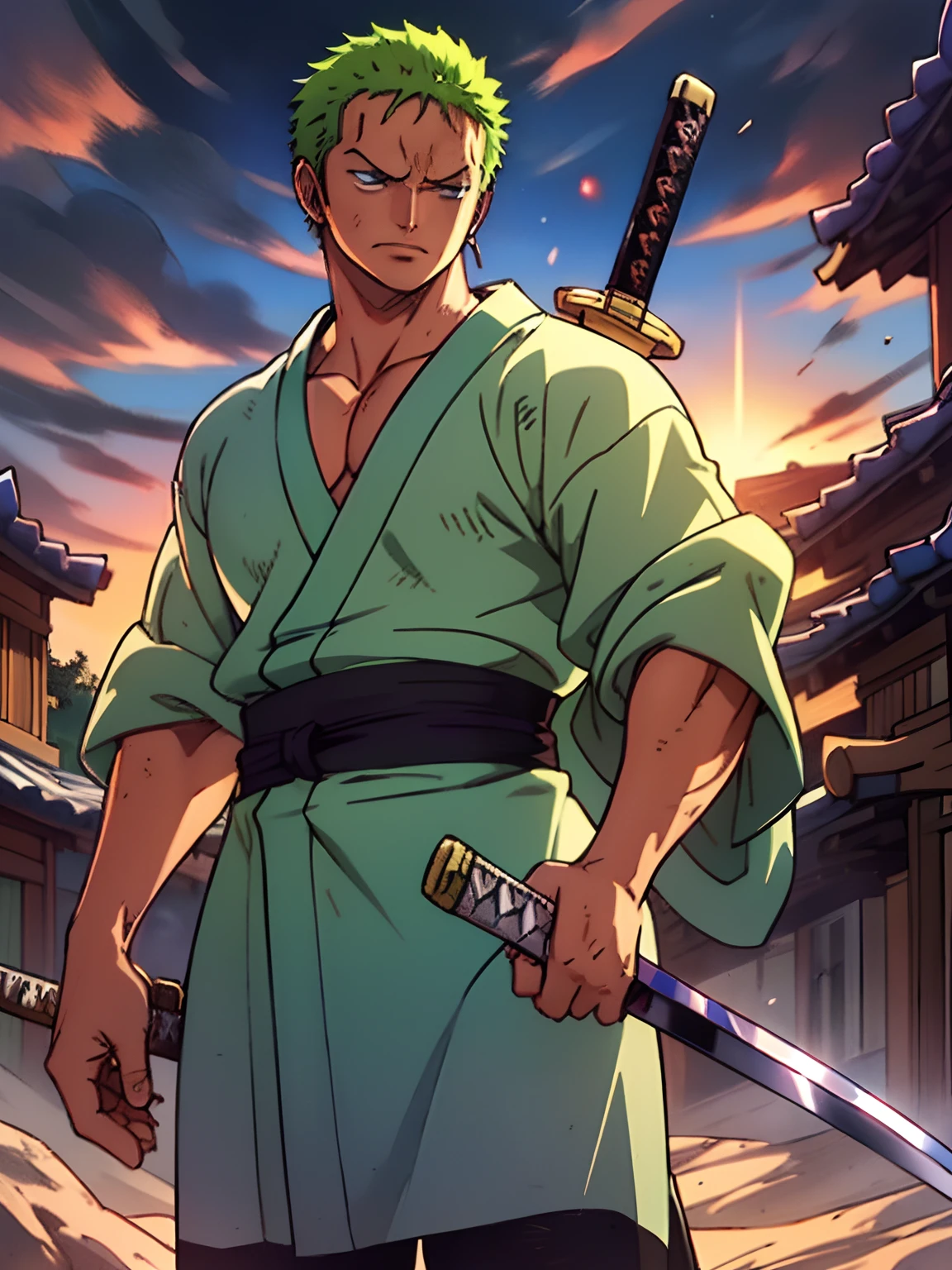 Roronoa Zoro (chef-d&#39;œuvre, Résolution 4k, Ultra réaliste, Très détaillé), (Thème du samouraï blanc, charismatique, il y a un épéiste à côté d&#39;un japonais "monter" bar, portant un kimono bleu avec des détails de nuages sur le "cœur" Piste, Il est commandant de la première division du chef de la bande Mugiwara., travail "une pièce"), [ ((19 années), (cheveux verts courts:1.2),  Tout le corps, (yeux bleus:1.2), ((La pose de Roronoa Zoro), démonstration de force, dégainant d&#39;une main ses katanas enma), ((Environnement rural japonais):0.8)| (paysage rural, au crépuscule, lumières dynamiques), (soleil aveuglé)), 1 katana]. # Explication: L&#39;invite décrit principalement une peinture 4K en ultra haute définition, très réaliste, Très détaillé. Il montre un épéiste, maître du style Santoryu des katanas, porter un kimono bleu avec des détails de nuages à la taille. Le sujet du tableau est celui d&#39;un épéiste blanc., tenant d&#39;une main son katana noir enma, the male protagonist has cheveux verts courts, is 19 années old and his entire defined body is shown in the painting, avec les caractéristiques de l&#39;endomorphe pompé.