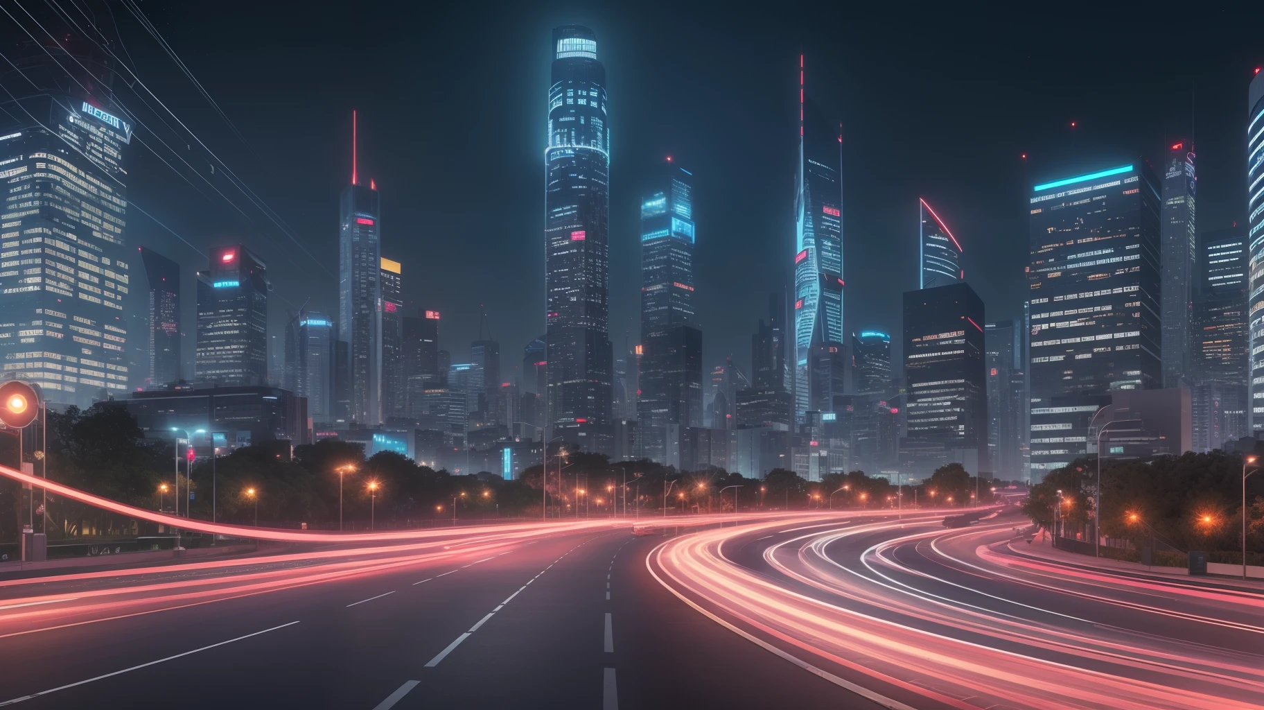 Describe a futuristic cityscape at night, highlighting the dazzling lights, advanced technology, and the atmosphere of the bustling urban environment --auto --s2