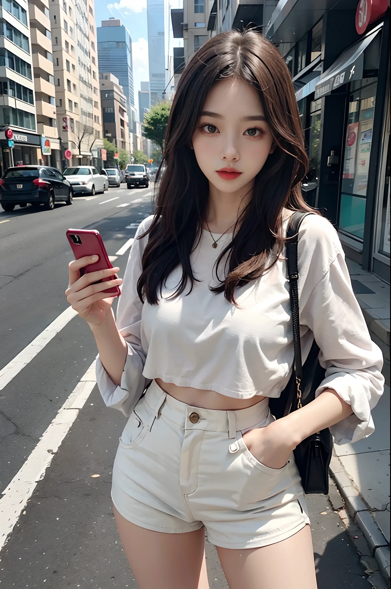 Belle femme, jouer avec son téléphone portable au milieu de la rue, vêtements courts