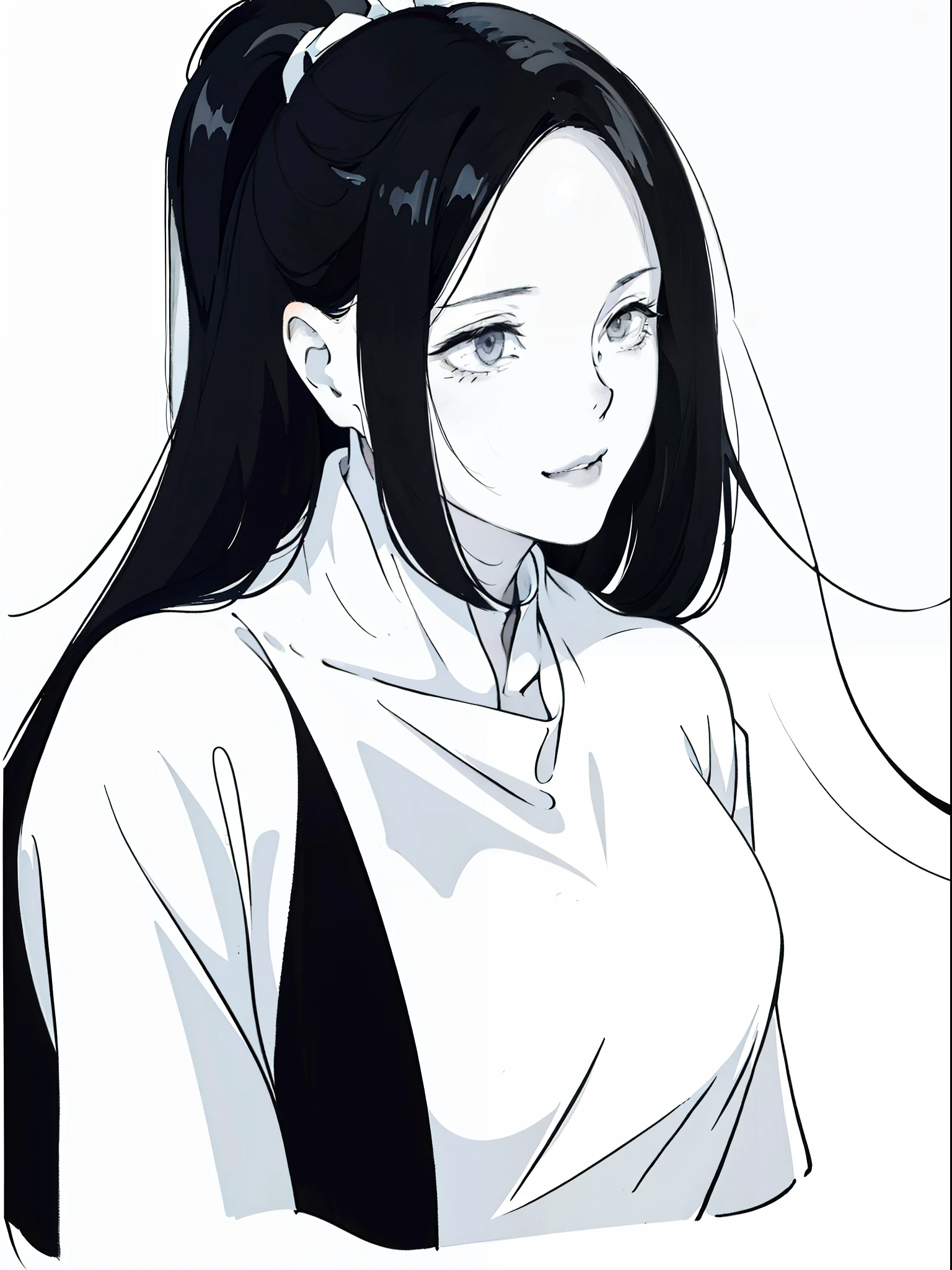 anime girl with long black hair and a white shirt,((black and white portrait)),black and white picture,Smile,minimalist painting,Simple strokes,messy  hair,Shy,Pure white shirt,Heavy makeup,Headshot,Put lipstick on one's mouth,Side Body