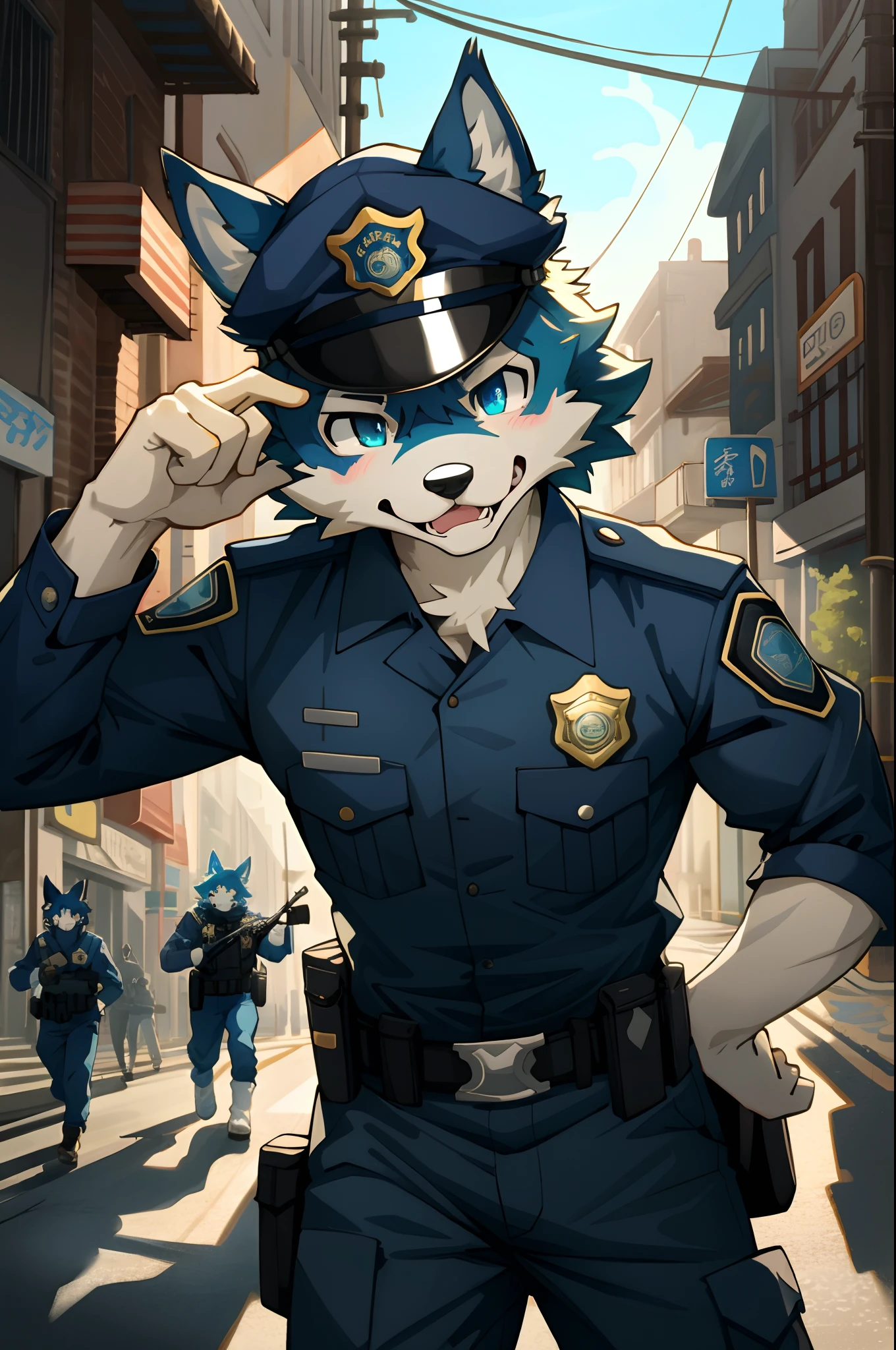 top quality, best quality, highres, masterpiece, super high resolution, detailed background, street, gasping for air(super handsome boys, dog)police officer, swat, police uniform, 6+boys, 6+girls, absurdres(highly detailed beautiful face and eyes)perfect anatomy, good lighting, volumetric lighting, cinematic shadow(kemono, furry anthro),