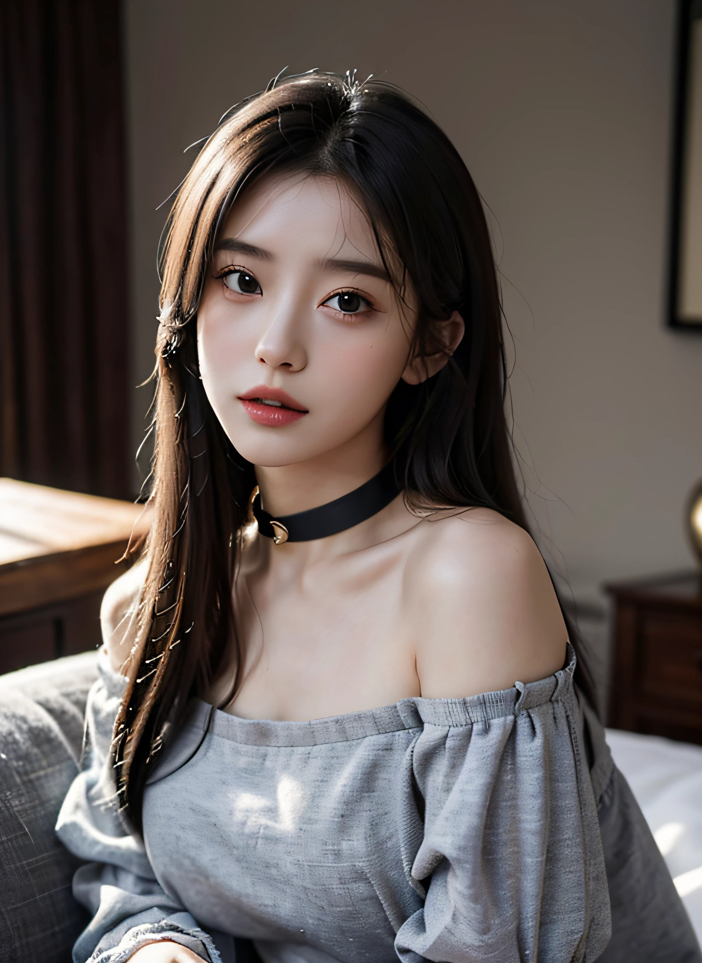 top-quality、​masterpiece、超A high resolution、(Realism: 1.4)、1 girl、Off-the-shoulder shirt、((Fashionable Dress:1))、a black choker、(faded gray-gray hair:1)、(Big Tits:1.2) 、Look at the viewer、a closeup、｟masutepiece｠