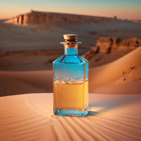 It's a beautiful bottle，The background is desert，Chinese openwork crystal bottle