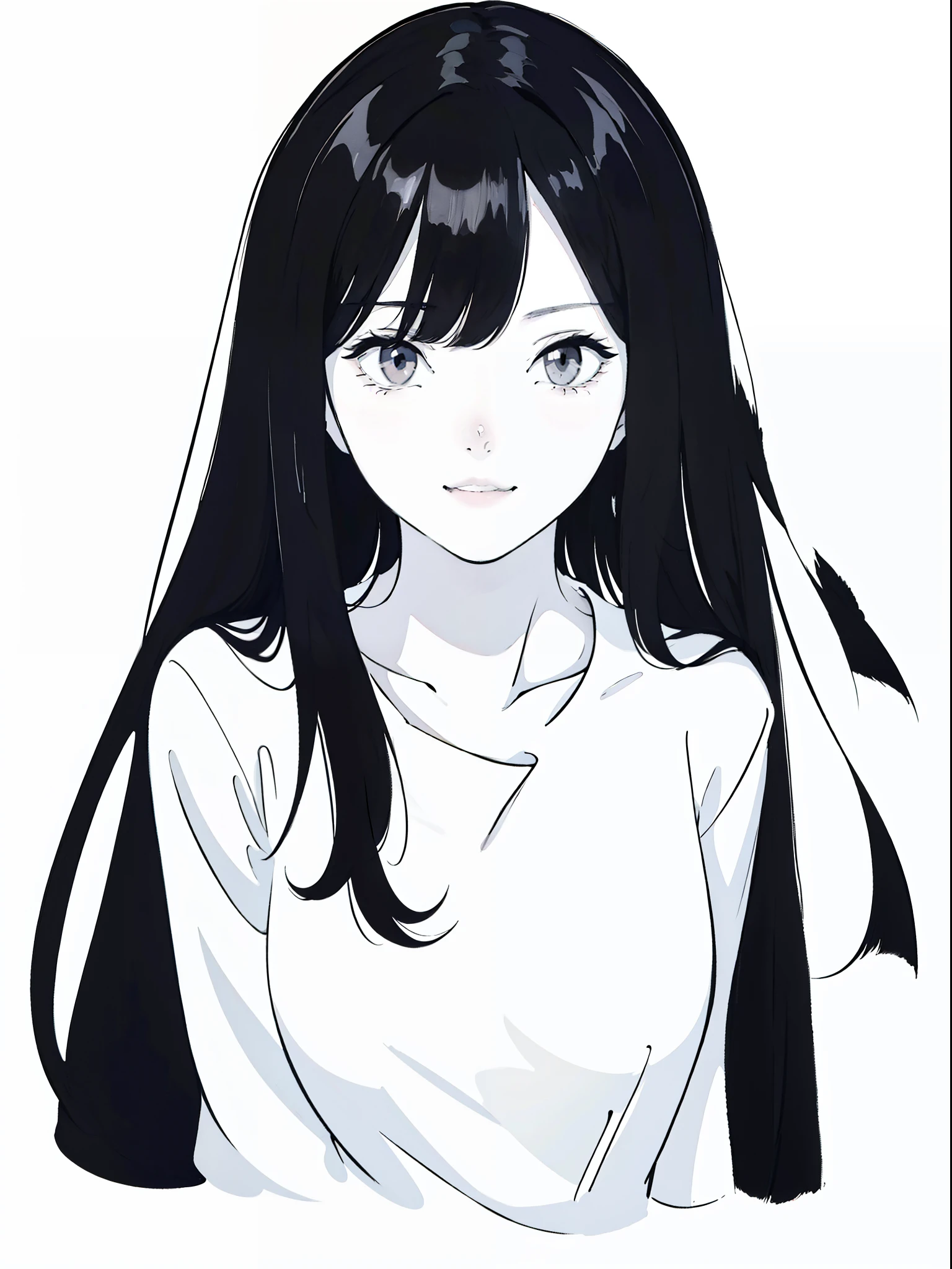 Anime-Mädchen mit langen schwarzen Haaren und einem weißen Hemd,((Schwarz-Weiß-Porträt)),Schwarzweißbild,lächeln,minimalistische Malerei,Einfache Striche,Zerzaustes Haar,schüchtern,Reinweißes Hemd,Schweres Make-Up,Kopfschuss,Lippenstift auf den Mund auftragen,Seitlicher Körper