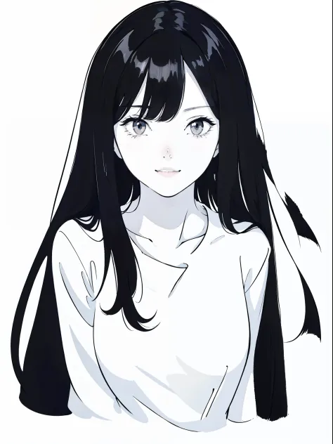 anime girl with long black hair and a white shirt,((black and white portrait)),black and white picture,smile,minimalist painting...