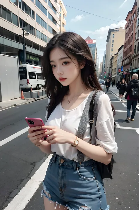 Beautiful woman, fiddling with cell phone in the middle of the street, short clothes