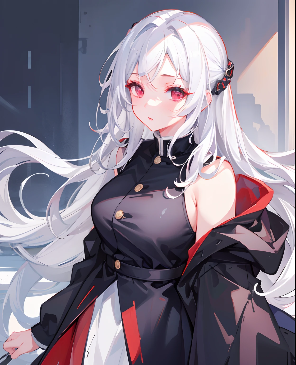 dreamy, (masterpiece), best quality, 1girl, white hair, amazing, beautiful detailed eyes, red eyes, fine details, depth of field, extremely detailed CG, wearing coat