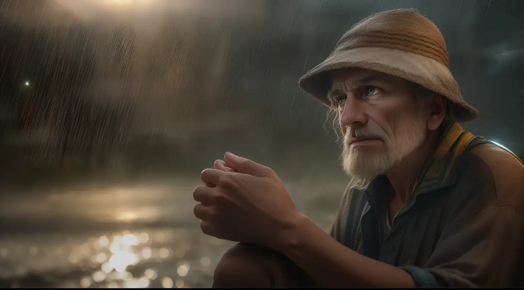 (foco nítido:1.2), An award-winning full-body photo of an old peasant, droplets of water, thunderstorm outside, lightning backli...