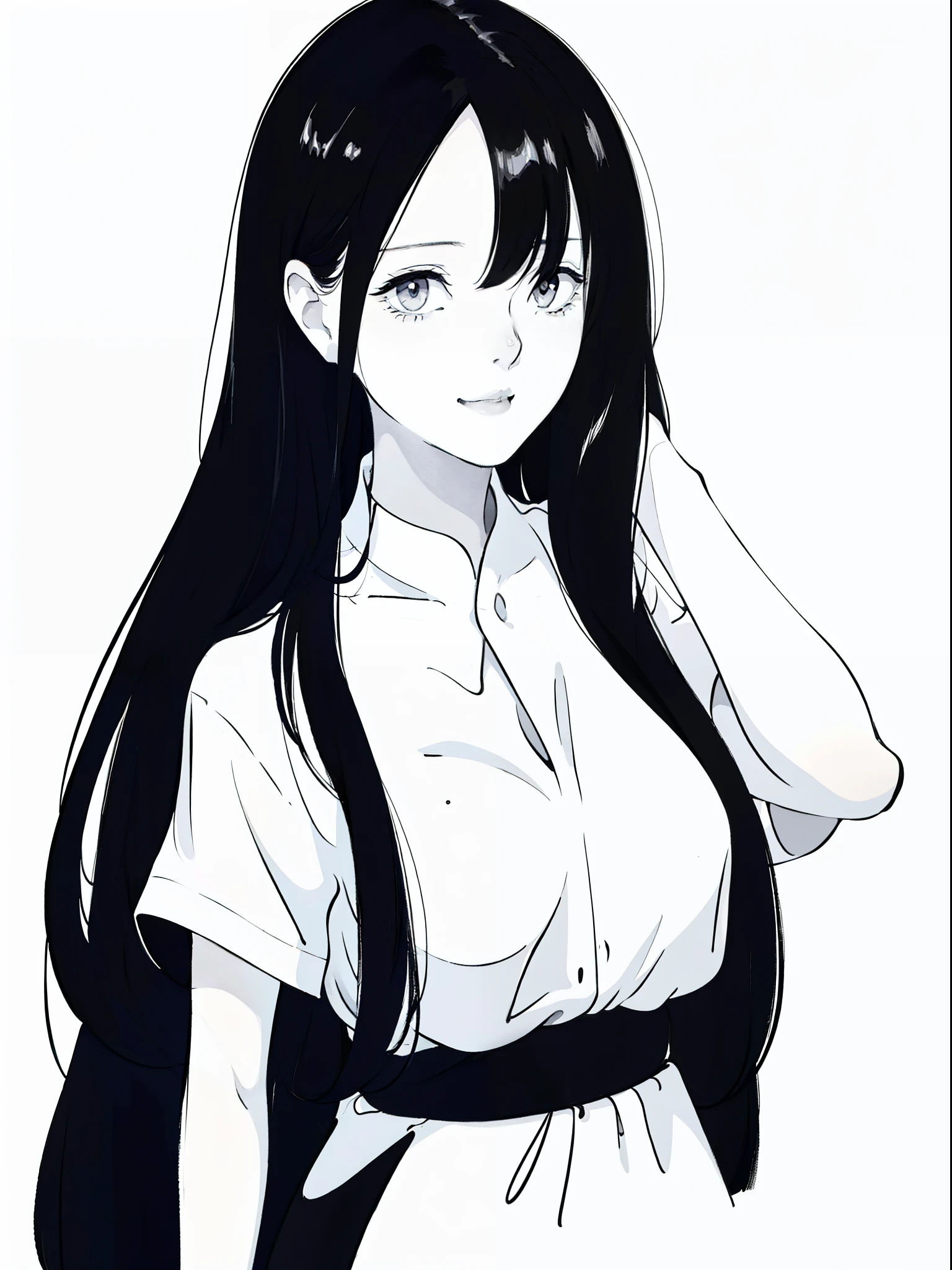 Chica anime con cabello largo y negro y una camisa blanca.,((retrato en blanco y negro)),imagen en blanco y negro,sonrisa,pintura minimalista,trazos simples,pelo despeinado,tímido,camisa blanca pura,Maquillaje pesado,disparo a la cabeza,Ponerse lápiz labial en la boca.,Cuerpo lateral