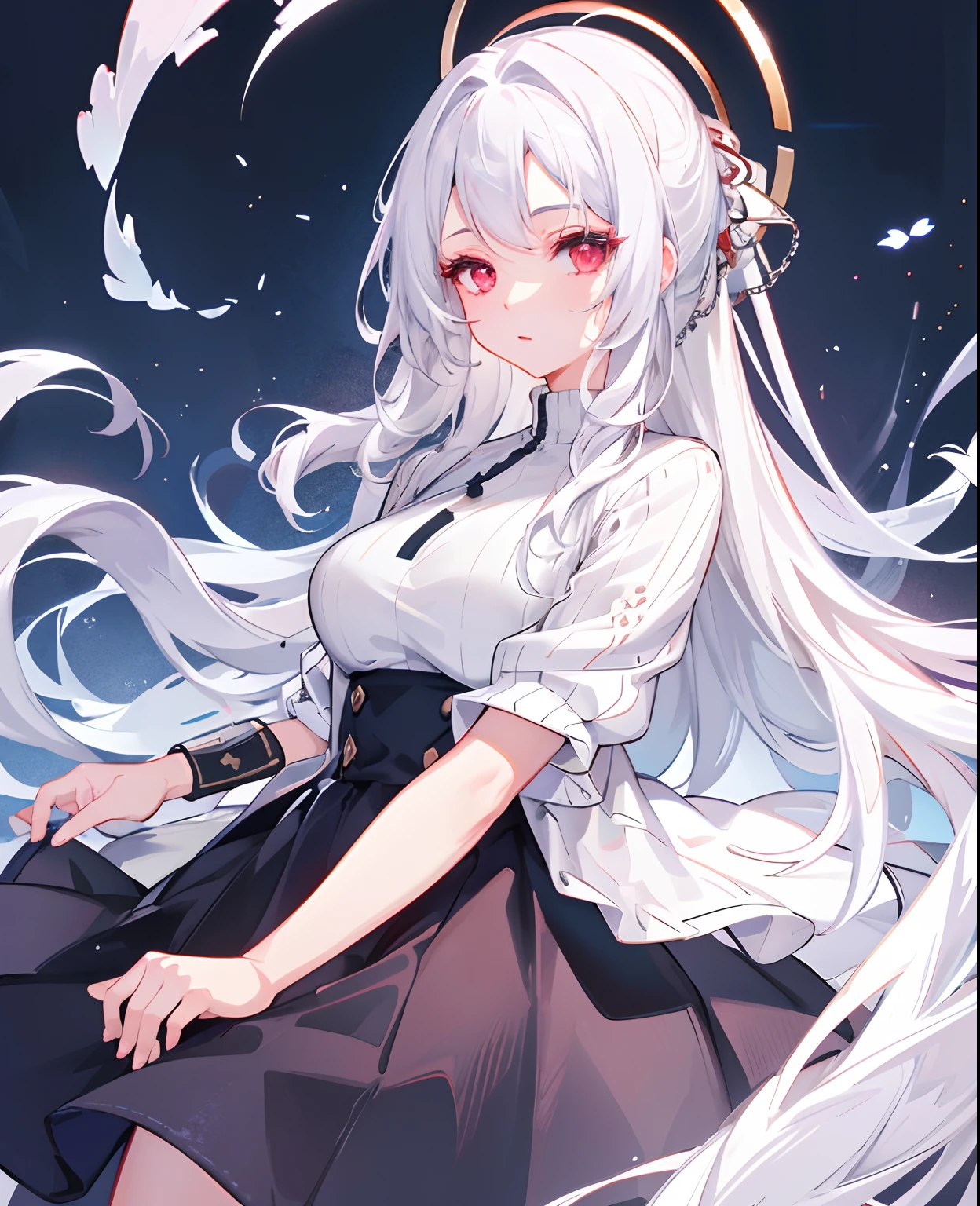 dreamy, (masterpiece), best quality, 1girl, white hair, amazing, beautiful detailed eyes, red eyes, fine details, depth of field, extremely detailed CG, transparent sweater