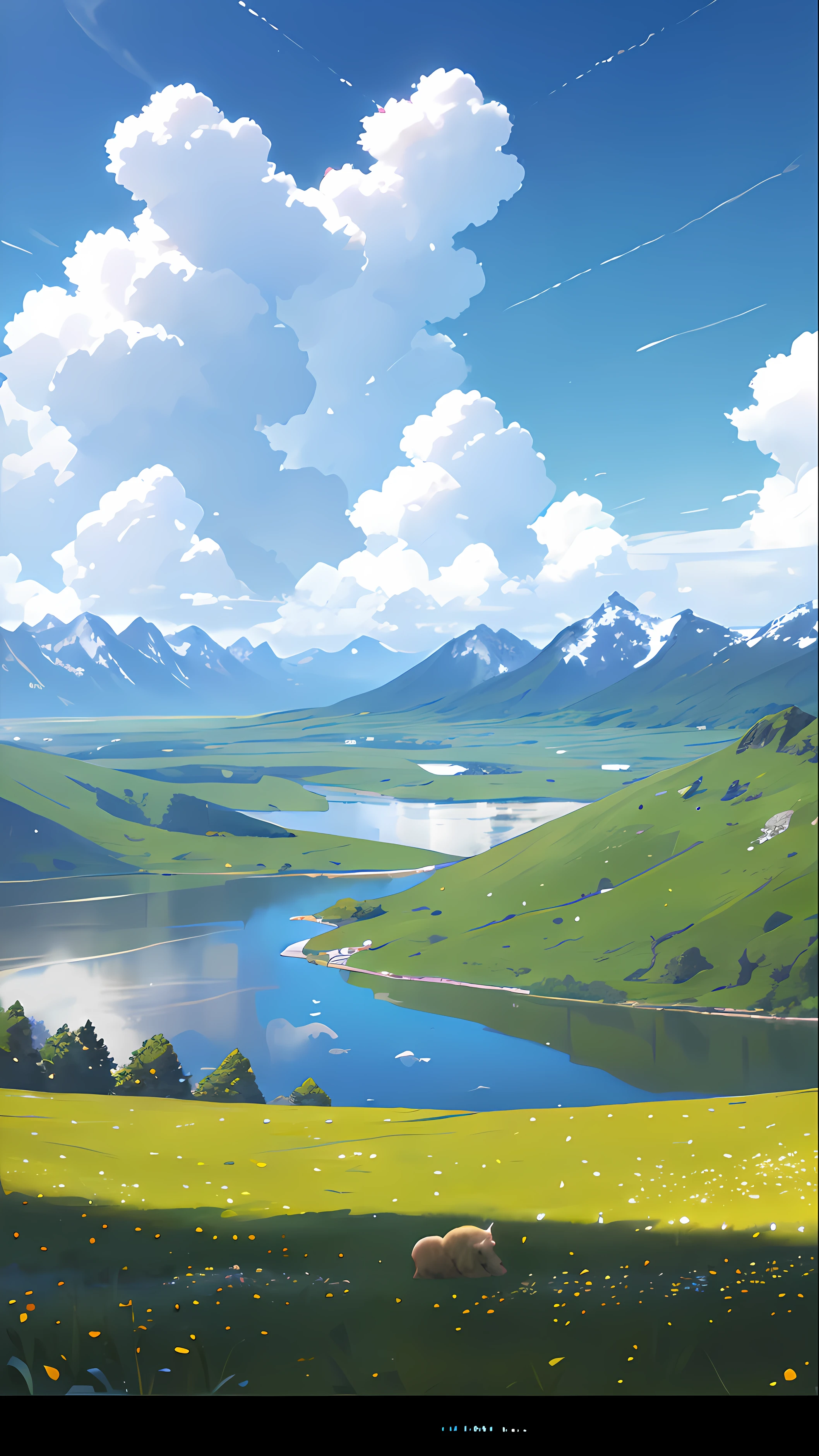 Summer, meadows, a few small flowers, clear lakes, sheep - SeaArt AI