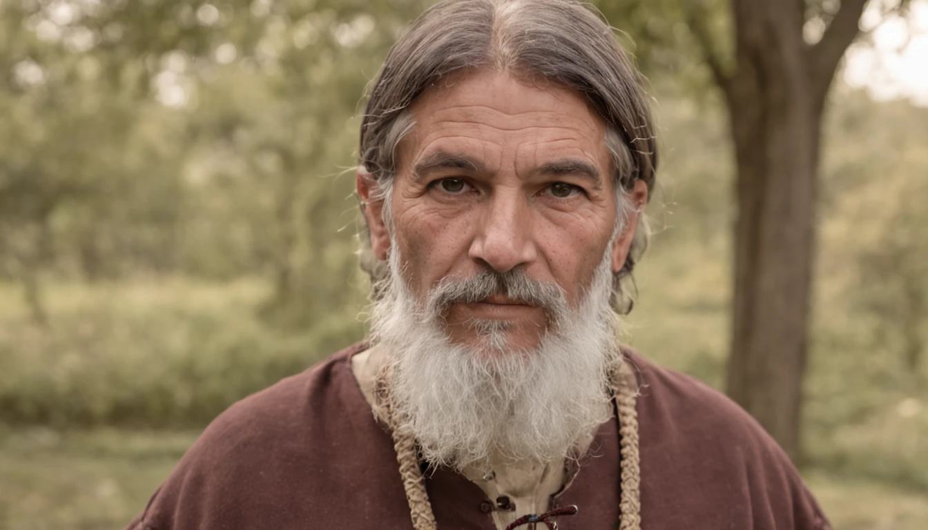 fotografia de retrato, foto de rosto de uma mistura entre um padre e um treinador pokemon de 50 anos, Enrugada, olhares revoltantes, Cabelo curto de sal e pimenta, cavanhaque, Serious expression, roupas de pastor de fantasia medieval, em um campo medieval, The colors are masterfully captured by the Nikon D850 and a Nikon AF-S NIKKOR 70-200mm f/2.Lente 8E FL ED VR, Pedro Jackson, fantasia, Historical