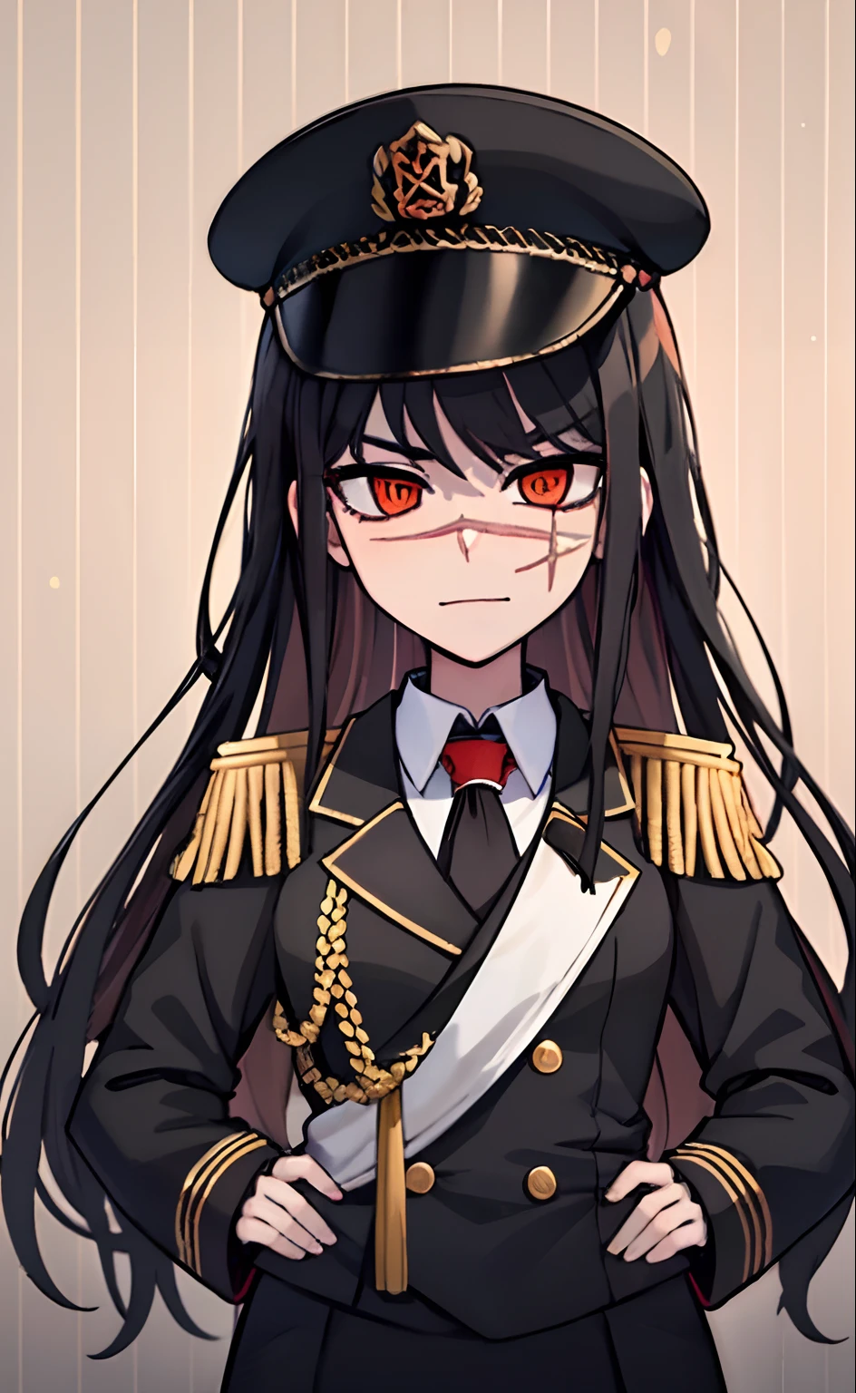 (masterpiece, best quality: 1.2), Solo, 1girl, Yoru \(Chainsaw Man\), looking at the viewer, different poses, red eye, long hair, completely black hair, reference to clothing of a German WWII general, black long sleeves (best quality), scar on face, beautiful eyes, has only 2 arms, has war medals on his clothes, Black Military Cap, Golden Eagle Medal on Clothing,  (Wallpaper), (8K HD), (8K HD), Golden Shoulder Pads, Sprites, 1 Single Design (masterpiece, best quality: 1.2), Solo, 1girl, Yoru \(Chainsaw Man\), looking at the viewer, smile, happy, different poses, red eye, long hair, completely black hair, reference to clothing of a German WWII general, black long sleeves (best quality), scar on face,  beautiful eyes, has only 2 arms, has war medals on his clothes, black military cap, golden eagle medal on clothing, (wallpaper), (8K HD), (8K HD), (8K HD), golden shoulder pads, sprites, 1 single design