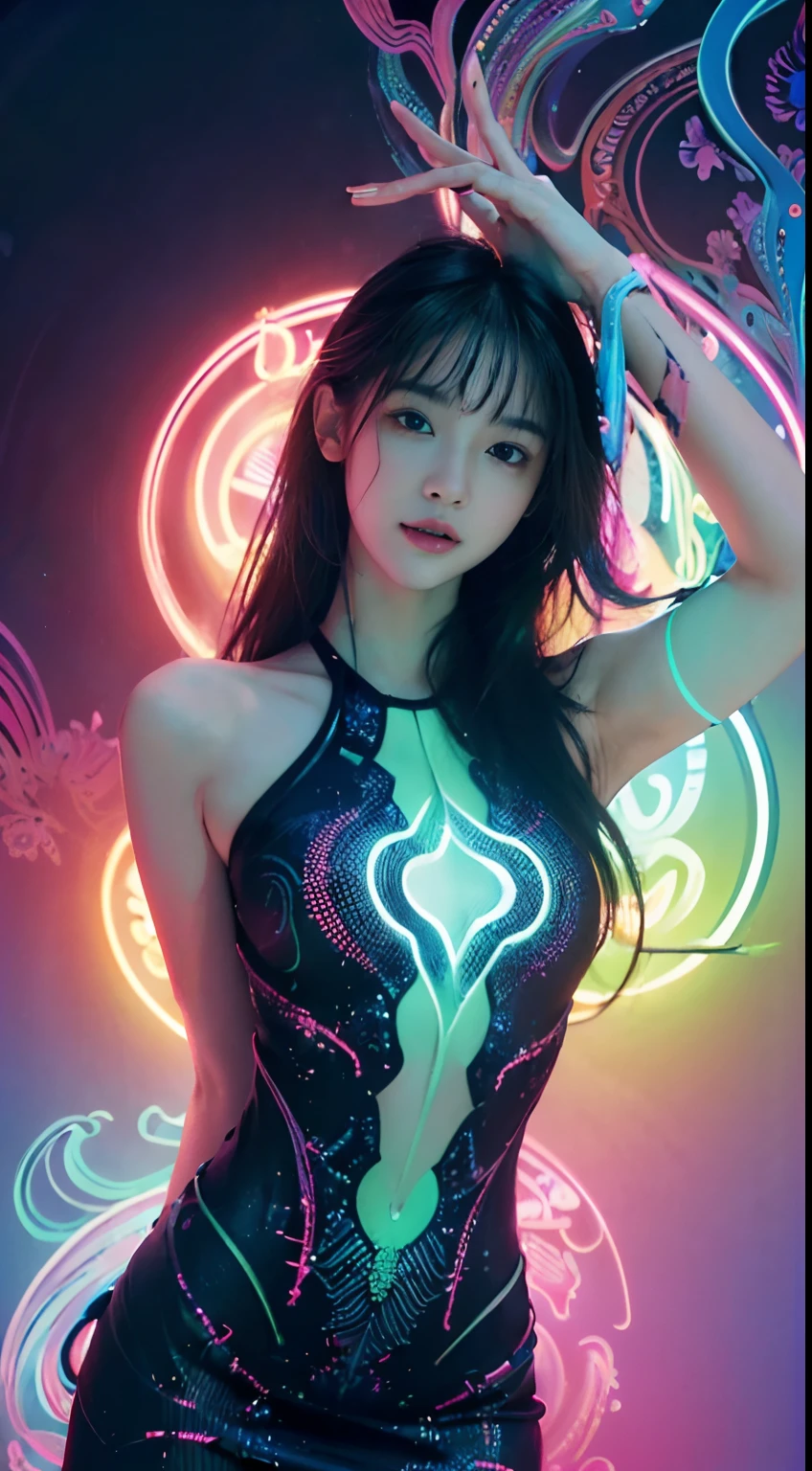 (Masterpiece, Top quality, Best quality, offcial art, Beautiful and aesthetic:1.2), (1girll:1.3), Extremely detailed,(Fractal art:1.2),Colorful,highest details,( Zen neon:1.2), (Dynamic pose), (Abstract background neon lights:1.5), (Trident dress:1.2), (Shiny skin), (many color:1.4), Upper body ,neonlight,16k,Full-HD