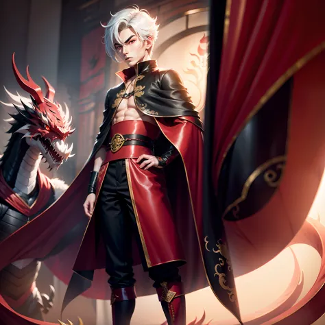 brunette color hair，Short-haired teenager with red eyes，Wearing a black cape，Behind him is a huge Chinese dragon，Two-dimensional...