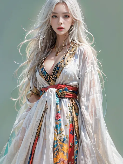 photorealistic, high resolution, 1womanl, solo, hips up, view the viewer, (detailed face), white hair, long hair, colorful robes...