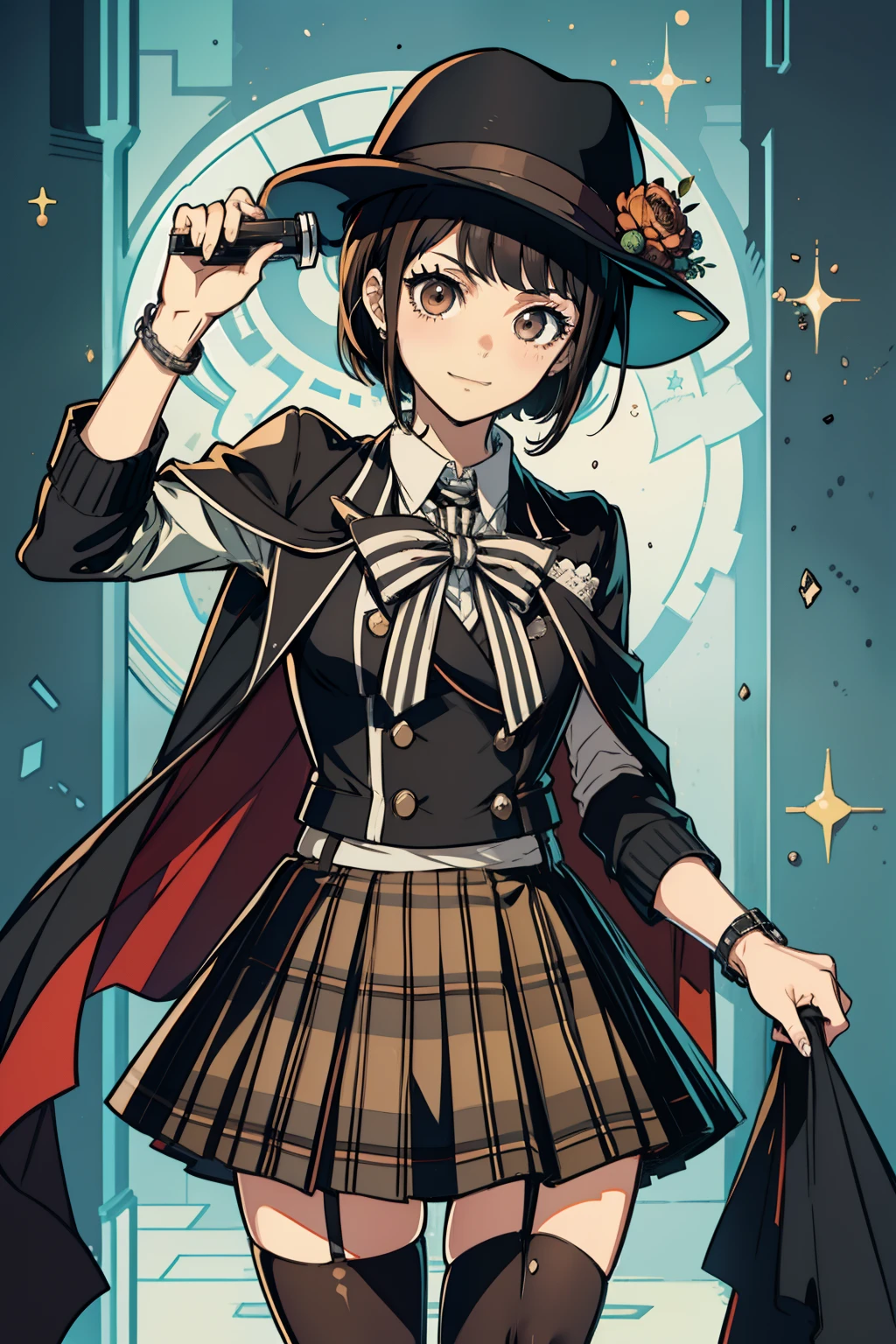 femele，16 yaers old，Falda corta de rayas marrones，Sombrero de detective，Capa de cuadros marrón y negro，sonríe，Lupa de mano，con pelo negro corto，anime japonés，adorable，danganronpa，elemento cuadrático，perky-，sospechoso