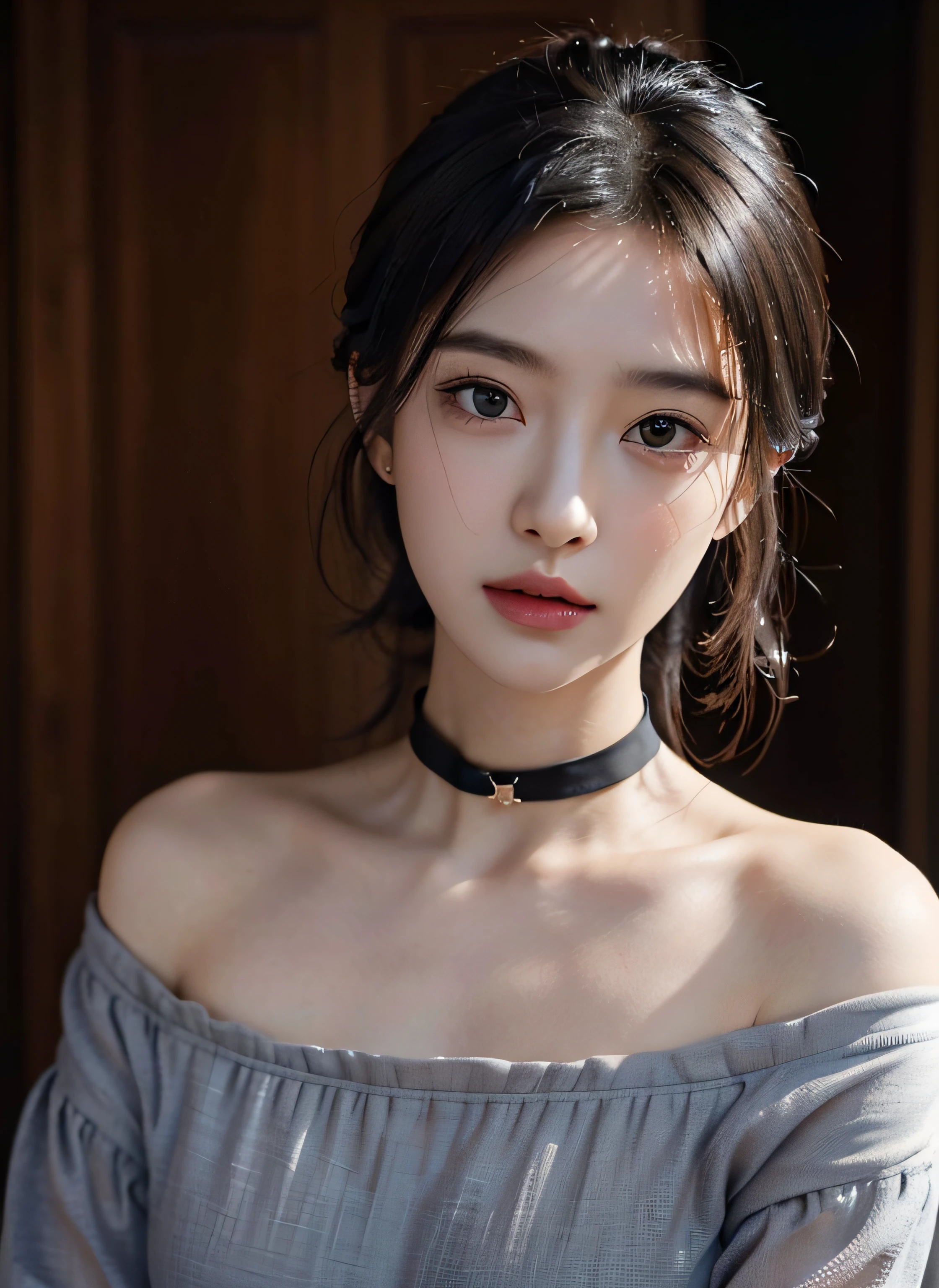 top-quality、​masterpiece、超A high resolution、(Realism: 1.4)、1 girl with a round face、off shoulder shirt、((Fashionable Dress:1))、a black choker、(faded grayish-gray hair:1)、(爆乳:1.2) 、Look at the viewer、a closeup、｟masutepiece｠