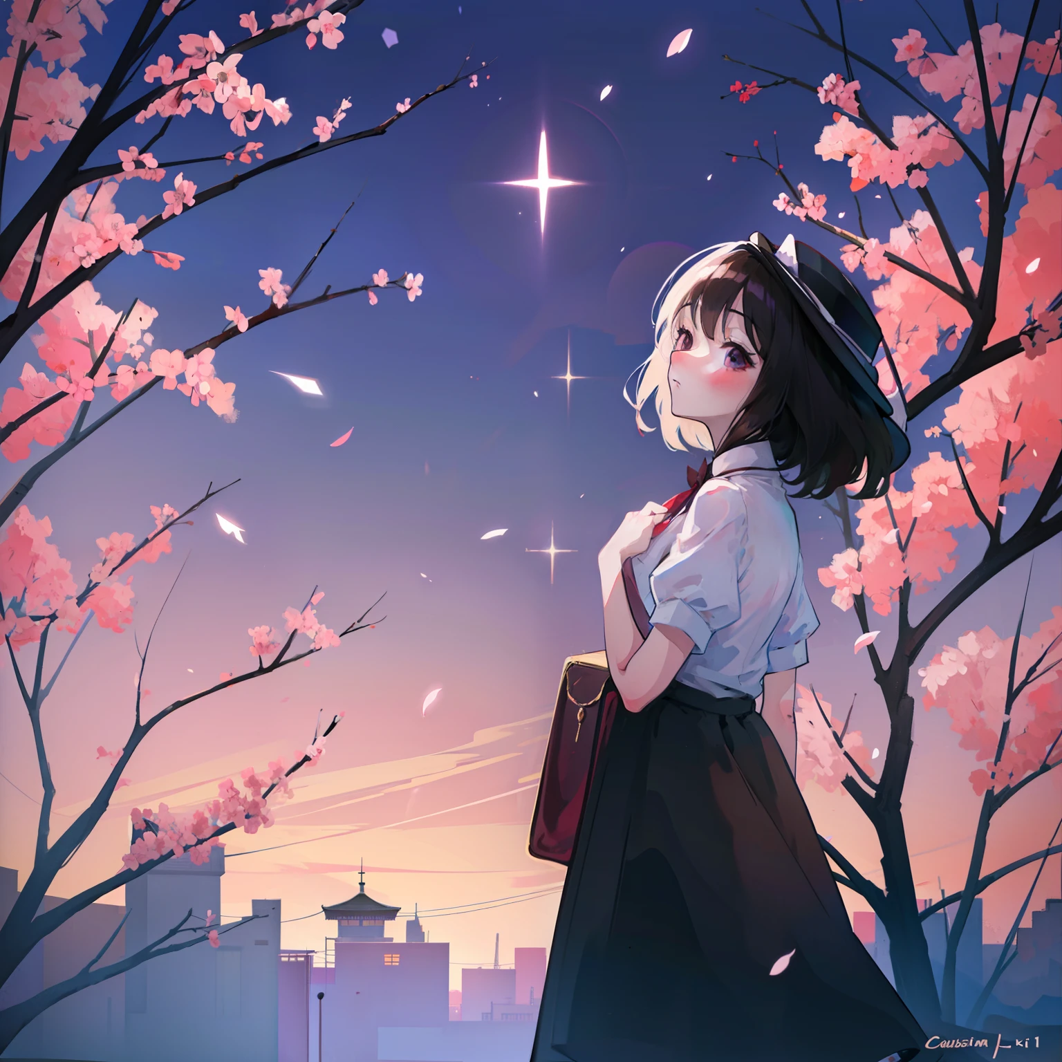 masterpiece, fine detail, 4k, 8k, 12k, solo, solo, beautiful girl, caucasian female, Renko Usami, looking up, temple, cherry blossoms