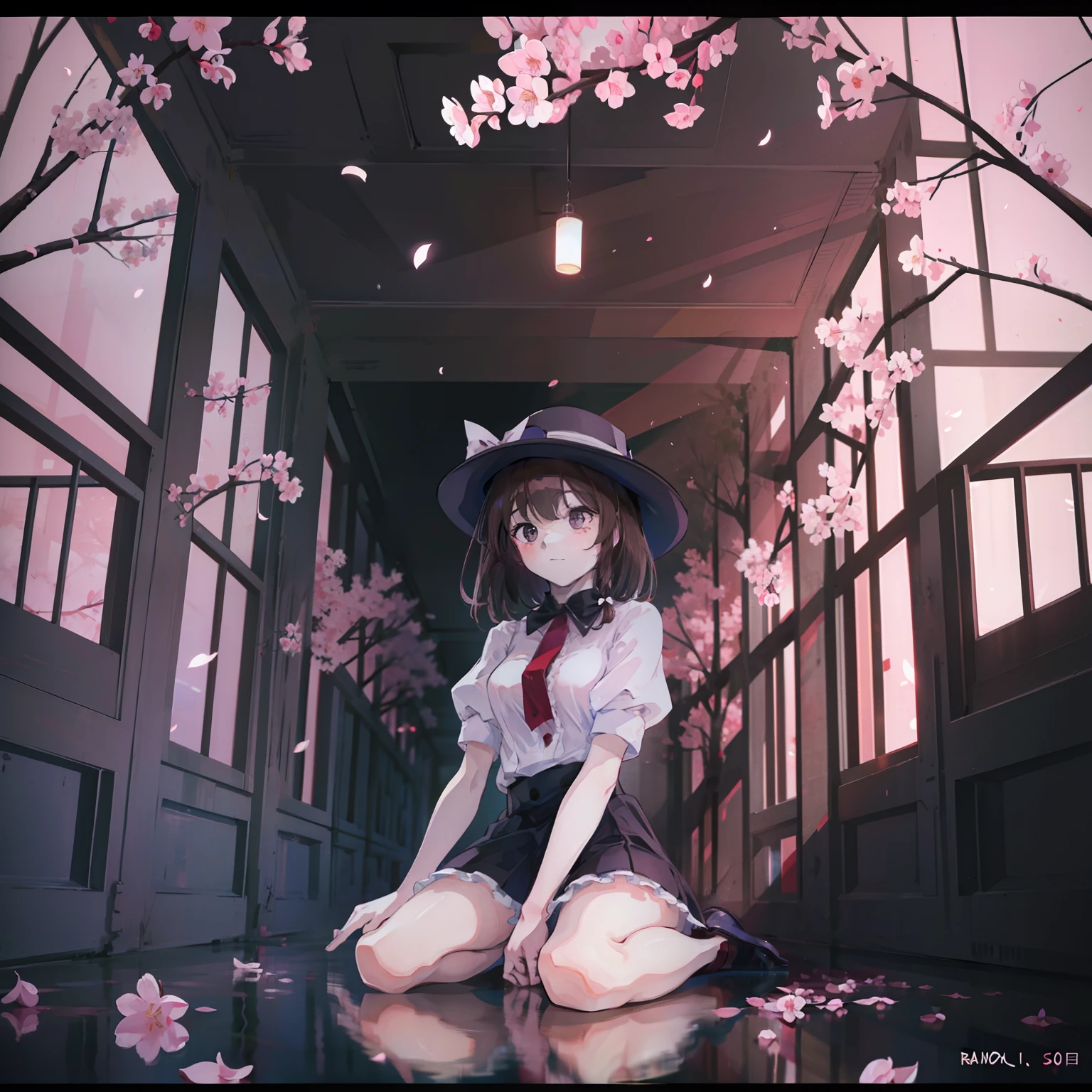 masterpiece, fine detail, 4k, 8k, 12k, solo, solo, beautiful girl, caucasian female, Renko Usami, looking up, temple, cherry blossoms