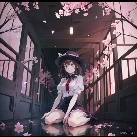 masterpiece, fine detail, 4k, 8k, 12k, solo, solo, beautiful girl, caucasian female, Renko Usami, looking up, temple, cherry blossoms
