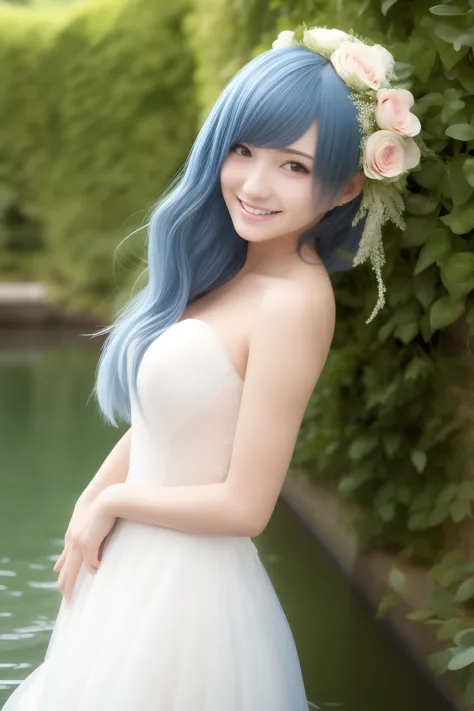 (master piece) brynhildr lancer fgo dive in water,20-year old,gentle smile,pure,happy,affectionately gaze,laurel wreath,bride dress,shyly pose, pretty round face,tall,very skinny,slender,light blue hair, detailed hair,hugged a bouquet