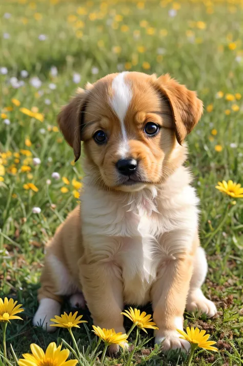 a photo of a cute little puppy surrounded by beautiful flowers in a meadow, extremely detailed fur,(close up:1.1)