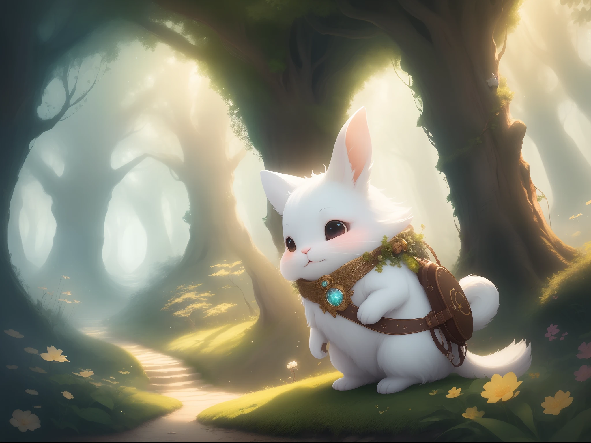 "Design a charming and enchanting fantasy artwork featuring an adorable rabbit as the central character. Imagine a whimsical world where the rabbit embarks on a magical journey. It could be exploring a hidden forest, discovering a secret garden, or encountering mythical creatures. Incorporate vibrant colors, intricate details, and a touch of ethereal glow to bring the scene to life. Convey a sense of wonder and curiosity in the rabbit's expression as it navigates through this fantastical realm. Let your creativity flow to craft an artwork that sparks joy and captures the imagination of all who behold it."