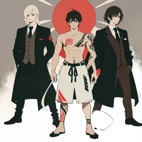 Three man standing, full body tattoo, bare body